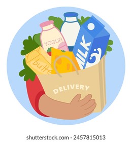 Shopping bag with groceries. Hands hold a package with groceries. Food delivery in eco-friendly packaging,food delivery concept. Fresh vegetables, fruits, milk. Delivery from supermarket, farmers