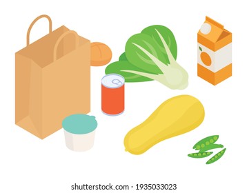 Shopping bag, groceries set. Isometric vector illustration in flat design.