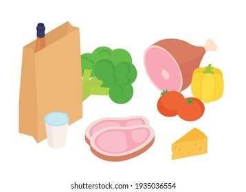 Shopping bag, groceries set. Isometric vector illustration in flat design.