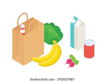 Bolsa de compras, comestibles. Isometric vectorial ilustración en diseño plano.