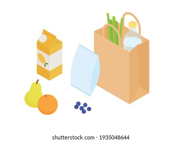 Bolsa de compras, comestibles. Isometric vectorial ilustración en diseño plano.