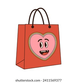 caricatura de retro de bolso de compras groovy elemento del día de San Valentín en el estilo retro de moda de los años 60's 70. Ilustración vectorial.