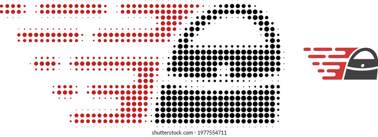 Shopping bag halftone dot icon illustration. Halftone array contains circle elements. Vector illustration of shopping bag icon on a white background. Flat abstraction for shopping bag object.