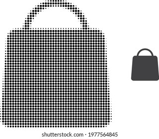 Shopping bag halftone dot icon illustration. Halftone pattern contains round pixels. Vector illustration of shopping bag icon on a white background. Flat abstraction for shopping bag pictogram.