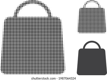 Icono de punto medio de la bolsa de compras. El patrón de semitono contiene elementos de círculo. Ilustración vectorial del icono de la bolsa de compra en un fondo blanco.