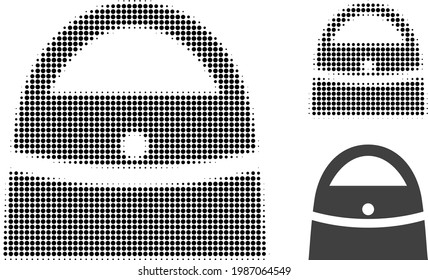 Shopping bag halftone dotted icon. Halftone array contains circle points. Vector illustration of shopping bag icon on a white background.