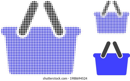 Shopping bag halftone dotted icon. Halftone array contains round points. Vector illustration of shopping bag icon on a white background.