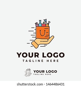 shopping bag with hand delivery for online shop logo template