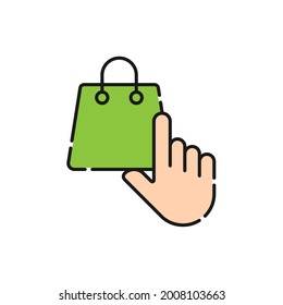 Bolsa de compras con icono de mano Diseño de vectores. Icono de la bolsa de compras con el concepto de diseño Hand Gesture para comercio electrónico, tienda online y sitio web de mercado, logotipo, símbolo, botón, signo, interfaz de usuario de la aplicación