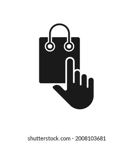 Einkaufstasche mit Hand Symbol Vector Design. Shopping Bag Symbol mit Hand Gesture Design Konzept für E-Commerce, Online-Shop und Marktplatz Website, Logo, Symbol, Button, Zeichen, App UI
