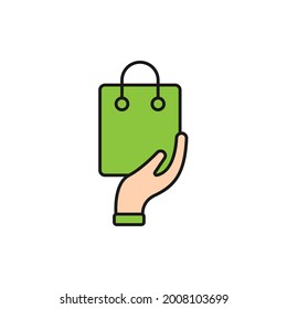 Bolsa de compras con icono de mano Diseño de vectores. Icono de la bolsa de compras con el concepto de diseño Hand Gesture para comercio electrónico, tienda online y sitio web de mercado, logotipo, símbolo, botón, signo, interfaz de usuario de la aplicación