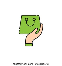 Bolsa de compras con icono de mano Diseño de vectores. Icono de la bolsa de compras con el concepto de diseño Hand Gesture para comercio electrónico, tienda online y sitio web de mercado, logotipo, símbolo, botón, signo, interfaz de usuario de la aplicación