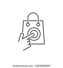 Einkaufstasche und Hand drücken Sie einen Knopf. Online bestellen. Lineares Vektorsymbol einzeln auf weißem Hintergrund.