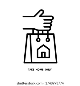 Bolsa de compras con el texto "Lleva a casa solamente". Vector de línea. Aislar sobre fondo blanco.