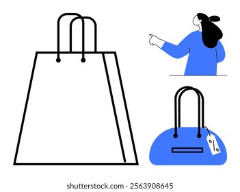 Shopping bag and handbag, person pointing. Ideal for retail, ecommerce, fashion, consumerism, marketing visuals. Simple lines, bold accents, blue and black