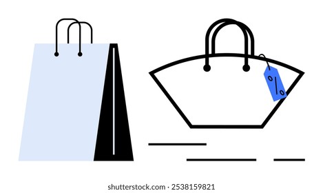 A shopping bag and a handbag with a price tag. Ideal for retail, fashion, shopping, sales, and consumerism themes. Simple design style with a focus on the concept of buying items