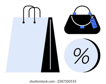 Shopping bag, handbag with price tag, and percentage sign symbolizing retail sales, discounts, and shopping themes. Ideal for retail promotions, ecommerce sites, sale announcements, discount coupons