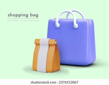 Shopping bag with handles, sealed paper package. Unlabeled packaging, place for logo, mockup. Color illustration for online store. Image in cartoon style