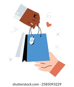 Shopping Bag Handover In Flat Vector Illustration Symbolizing Gift Exchange, Purchase Transaction, And Retail Shopping, Isolated On White Background