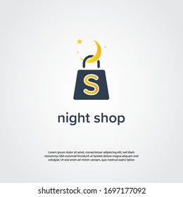 Shopping bag hanging at the moon as the concept of night shop logo concept. Abstract shop logo, design concept, emblem, icon, flat logotype element for template