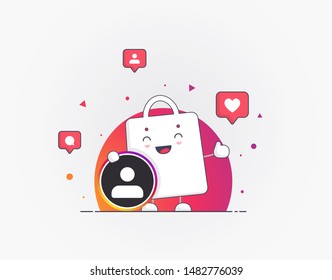 Bolsa de compra feliz, logo de plantilla, notificaciones en medios sociales. Las redes sociales instagram compras, negocios. Concepto de Instagram de los medios sociales. Ilustración vectorial, diseño.  EPS 10