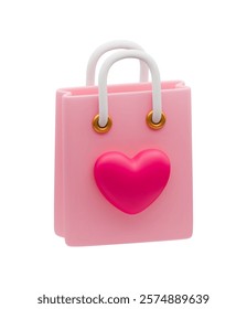 Shopping bag with heart 3d icon. Romantic present love holiday celebration. Birthday anniversary package isolated in white. Realistic symbol for romantic design, Valentines online shopping.