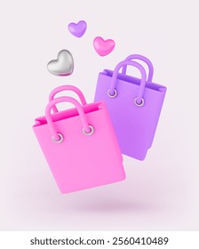 Shopping bag with heart 3d illustration. Romantic present love holiday celebration. Birthday anniversary package. Realistic symbol of Love Sale, promotion, Valentines online shopping.