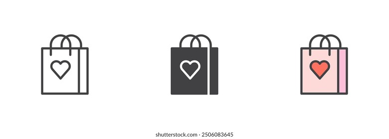 Bolso de compras con el corazón diverso sistema del icono del estilo. Línea, glifo y contorno relleno versión colorida, contorno y signo de Vector relleno. Símbolo, ilustración del logotipo. Gráficos de Vector