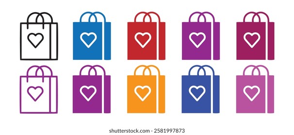 Shopping bag with heart different style icon set. Line, glyph and filled outline colorful version, outline and filled vector sign. Symbol, logo illustration. Vector graphics