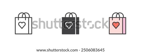 Shopping bag with heart different style icon set. Line, glyph and filled outline colorful version, outline and filled vector sign. Symbol, logo illustration. Vector graphics