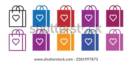 Shopping bag with heart different style icon set. Line, glyph and filled outline colorful version, outline and filled vector sign. Symbol, logo illustration. Vector graphics