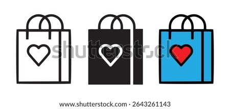 Shopping bag with heart different style icon set.
