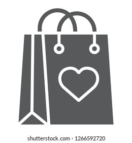 Shopping bag with heart glyph icon, love and package, gift bag sign, vector graphics, a solid pattern on a white background, eps 10.