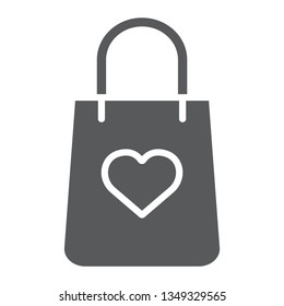 Shopping bag with heart glyph icon, package and gift, gift bag sign, vector graphics, a solid pattern on a white background, eps 10.