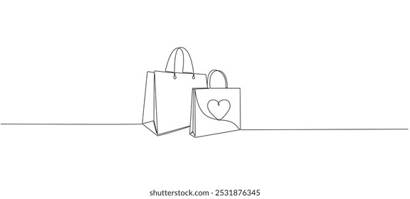 Saco de compras com ícone de coração em estilo de padrão de linha única contínua. Sacos de papel. Ilustração vetorial.