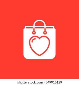 Shopping bag with heart icon vector, filled flat sign, solid white pictogram isolated on red. Symbol, logo illustration