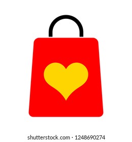 Bolsa de compras con ilustración cardíaca, signo del vector de amor, pictograma de bolsa de compras aislado en blanco. Símbolo, ilustración de logotipo