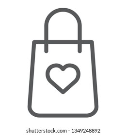 Shopping bag with heart line icon, package and gift, gift bag sign, vector graphics, a linear pattern on a white background, eps 10.