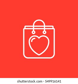 Shopping bag with heart line icon, outline vector sign, linear white pictogram isolated on red. Symbol, logo illustration