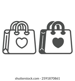 Shopping bag with heart line and solid icon, mother day concept. Vector graphics. Market, store paper packet sign on white background, outline style icon for mobile or web design