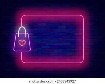 Shopping bag with heart neon poster. Valentines Day Present symbol. Gift and empty pink border. Anniversary and Birthday holiday. Copy space. Editable stroke. Vector stock illustration