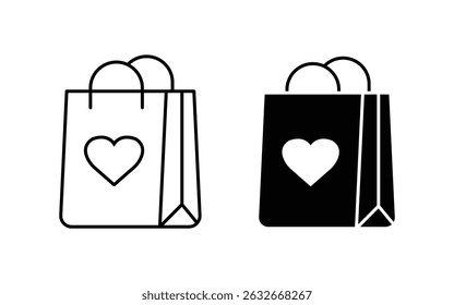 shopping bag with heart outline and glyph icon sign. Paper bag icon. vector illustration.