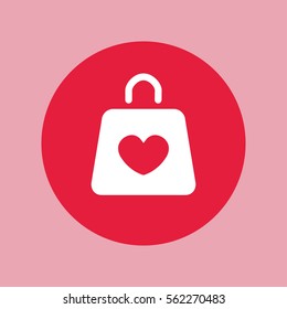 shopping bag with heart simple icon on red circle