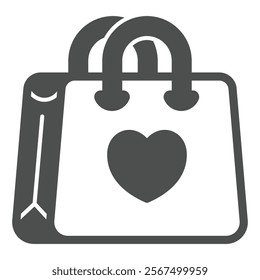 Shopping bag with heart solid icon, mother day concept. Vector graphics. Market, store paper packet sign on white background, glyph style icon for mobile or web design