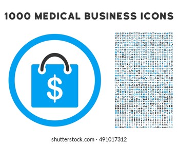 Shopping Bag icon with 1000 medical business gray and blue vector pictograms. Design style is flat bicolor symbols, white background.