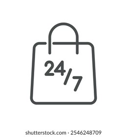 Ícone de saco de compras com símbolo 247, sempre aberto ou on-line compras disponibilidade, design de linha mínima para varejo e e-commerce Ilustração de vetor