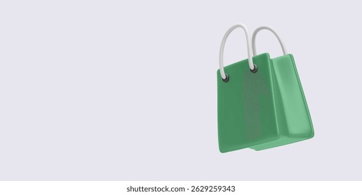 Shopping Bag Icon in 3D Cartoon Style. Green Paper Bag with Handles Isolated on Light Background. Perfect for Online Store, Fashion App or E-Commerce Projects. Vector Illustration.