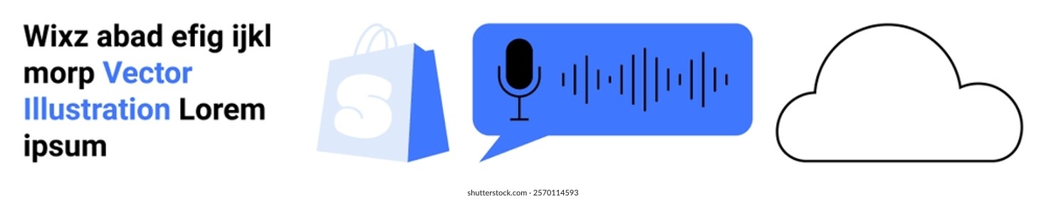 Shopping bag icon along with a blue speech bubble featuring a microphone and sound waves and a simple cloud outline. Ideal for e-commerce, voice technology, online shopping, cloud computing, digital