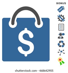 Shopping Bag icon with bonus pictograms. Vector illustration style is flat iconic bicolor symbols, cobalt and gray colors, white background, rounded angles.