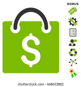 Shopping Bag icon with bonus pictograms. Vector illustration style is flat iconic bicolor symbols, eco green and gray colors, white background, rounded angles.